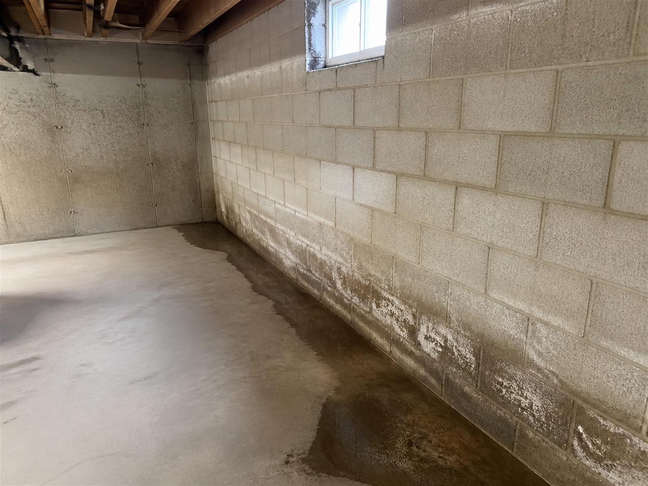 Water seepage staining along the wall-floor joint of a concrete block Michigan basement
